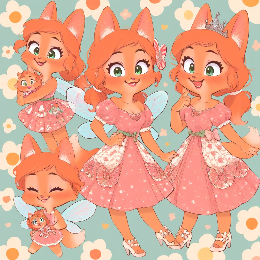 little fox, kid girl fox, little kid, ginger fur, long hair, ginger hair, dusty-pink nose, fox tail, fox ears, face similar of Diane Foxington, kid, , cute, princess dress, princess cookie dress, pink dress, tiara, fairy wings, princess, chibi, alone, ginger hair, tied hair with pink hair tie, pink makeup, pink lipstick, smile, blush, cartoon, toon, chibi, cute girl, cub bedroom, pink bedroom, kid backroom, toys