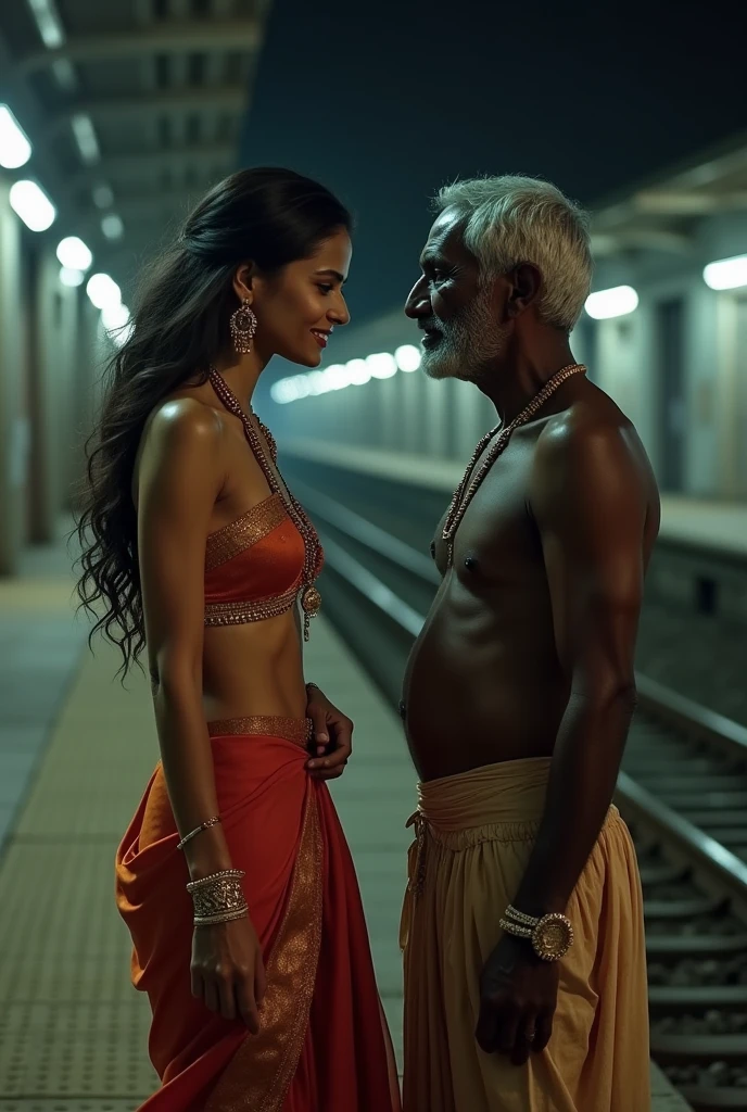 (photorealism:1.2), a hot Indian sexy model girl naked standing with a dirty old man beggar, wearing a lungi at night beside an empty railway station, sexy figure, black old man, high-quality image, detailed, no distractions, sharp, 8k, low angle, both are a nude, front view, smiling, talking, beautiful wife, wearing jewelry, sexy figure, fair skin girl, and dark old skin man, 