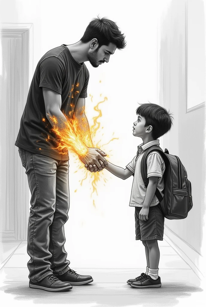 Pencil Art:1 man, 30 yrs old, short black hair, race:bangladeshi, black tshirt, fire on forearms, shaking hands with a kid in a school dress,with a bag
