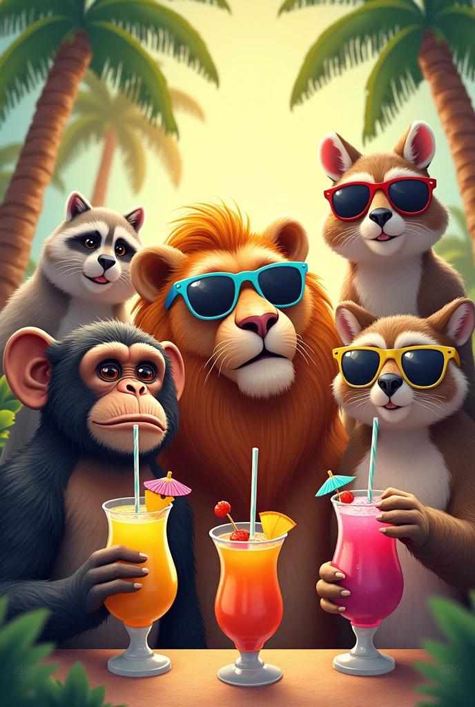 put more and varied animals. draw them with drinks on their hands and sunglasses