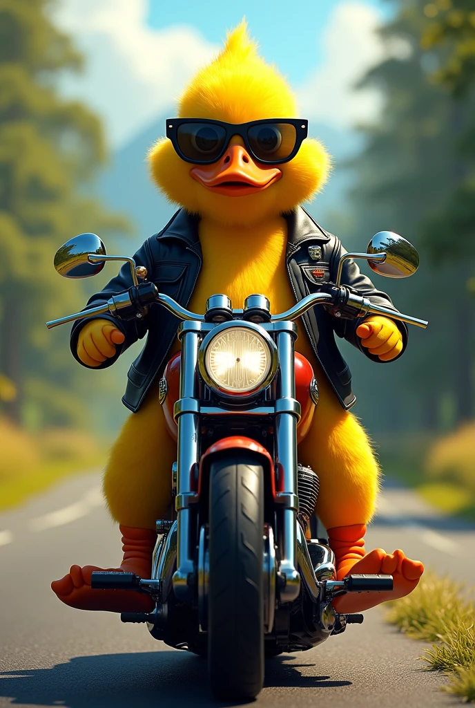 yellow duck animal , with black glasses and leather jacket, mounted on a Harley motorcycle with a landscape of trees with the doll facing forward