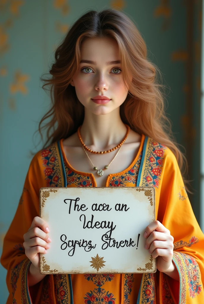 Make an imagine of beautifulUkrainian girl in Pakistani dress which is holding a sign on which is written "Farhan ashraf ki bewii uaon ki ustani 🫣"