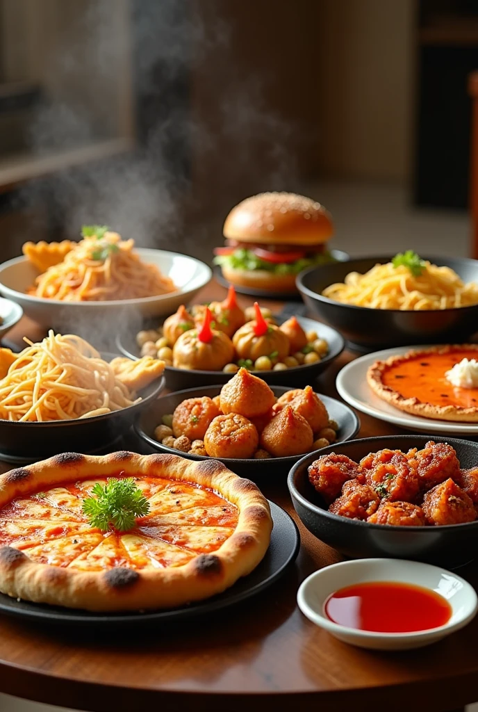 Noodles pizza burger momos Manchurian chicken on table 