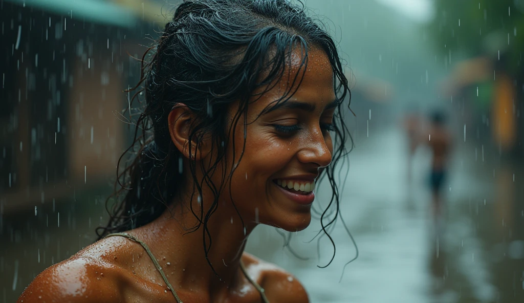 A beautiful indian woman dancing in heavy rain, wet face, wet body, messy hair, high resolution, ultra-detailed, extremely detailed,