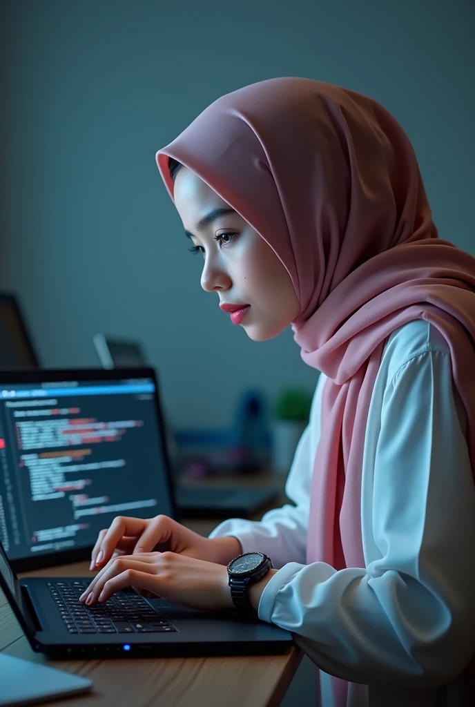 A 22 years old cute girl sitting on a chair with laptop..busy to writing a code. With a side position.She wearing a full hijab with udercap. And a back screen is coading screen on the top name show "pirah" . The face is showing half side with full laptop. The dressing is white with pink scarf. Skin tone white  wearing a watch in her hand.  Small eyes