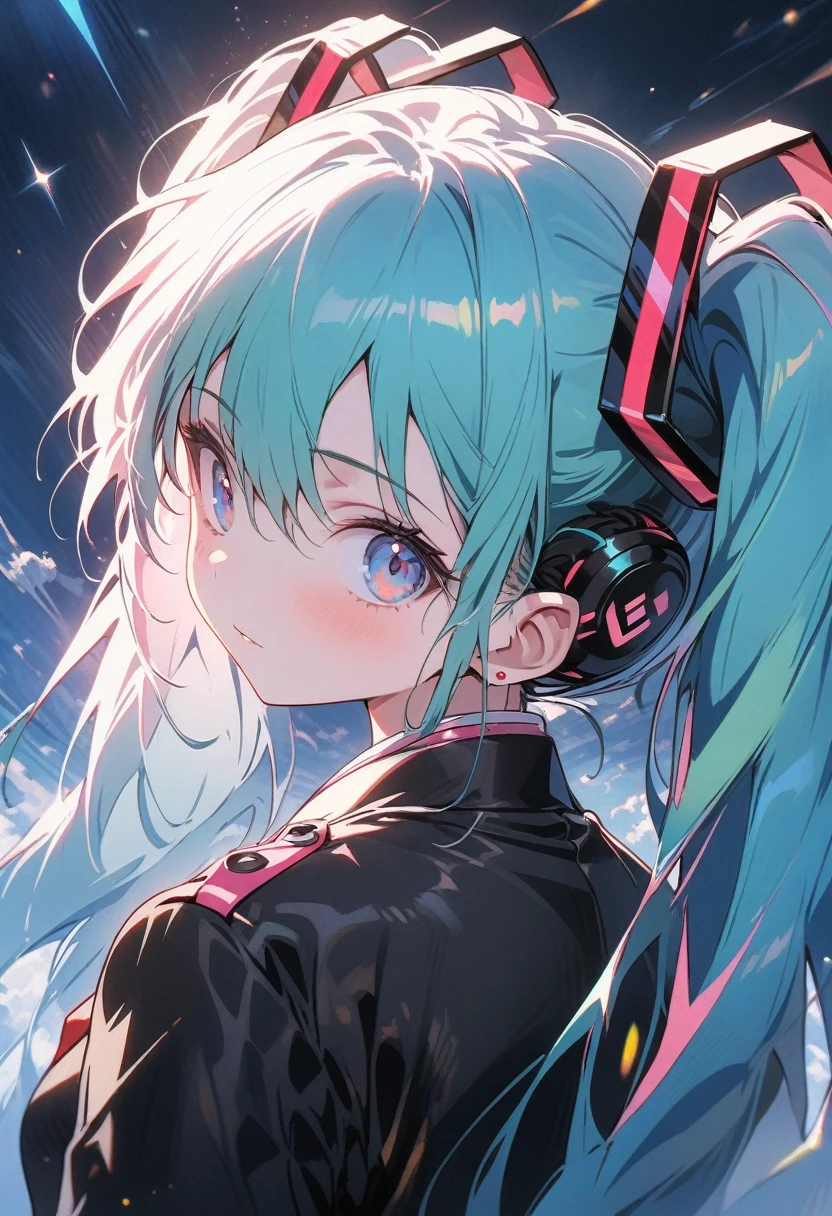 ((hatsune miku)), look up at the sky, sparkling eyes, the night sky shining like a galaxy, bird's-eye view, pale skin, tired face, 8k,wallpaper of extremely detailed CG unit, masterpiece,hight resolution,top-quality,top-quality real texture skin,hyper realisitic,increase the resolution,RAW photos,best qualtiy,highly detailed,the wallpaper,cinematic lighting,ray trace,golden ratio, long shot,
