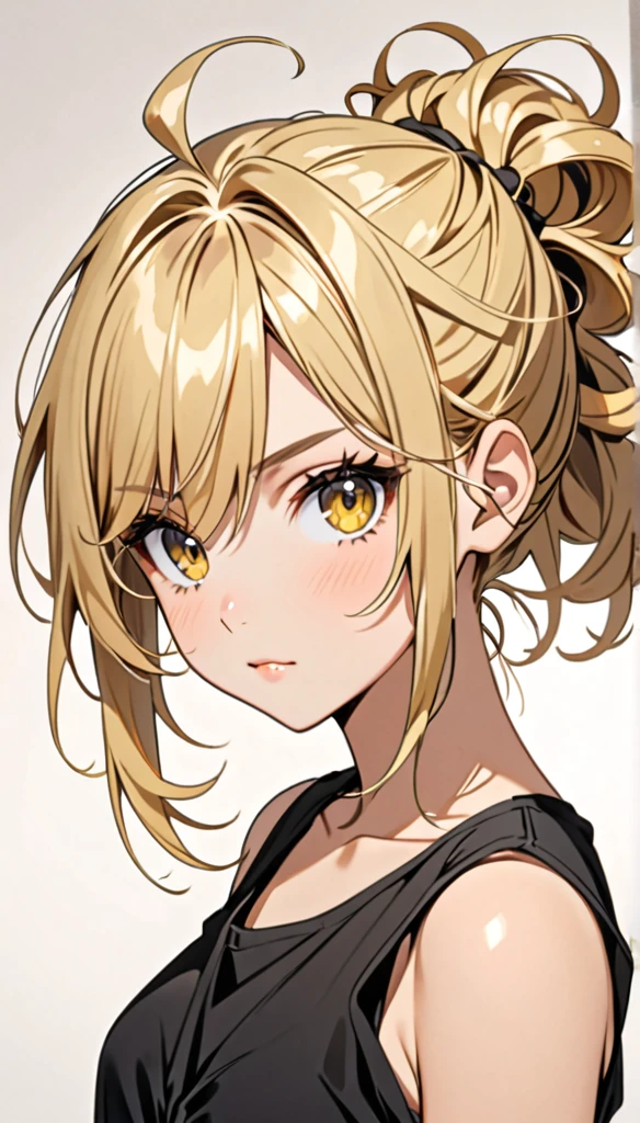 Beautiful and blond, messy styled hair, tied hair, black top, looking at the viewer 