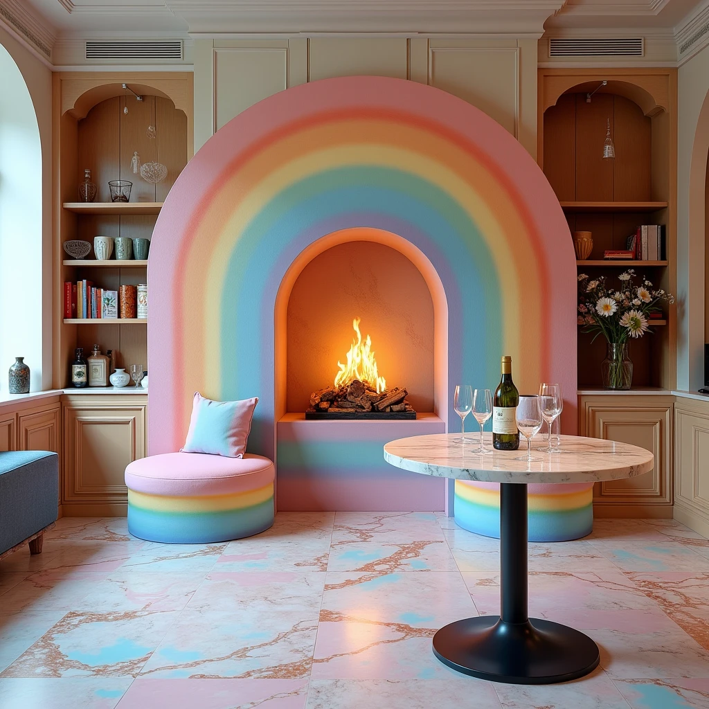 rainbow marbleized fire place #stage #cafe #shop rainbow pastel rainbow tile marbleized floor professional enchanted magical fairy tale rainbow milk on the tables rainbow pastel marbleized counters and tables #rainbowmarblizedcountertops #rainbowpastelresientables #fireplace