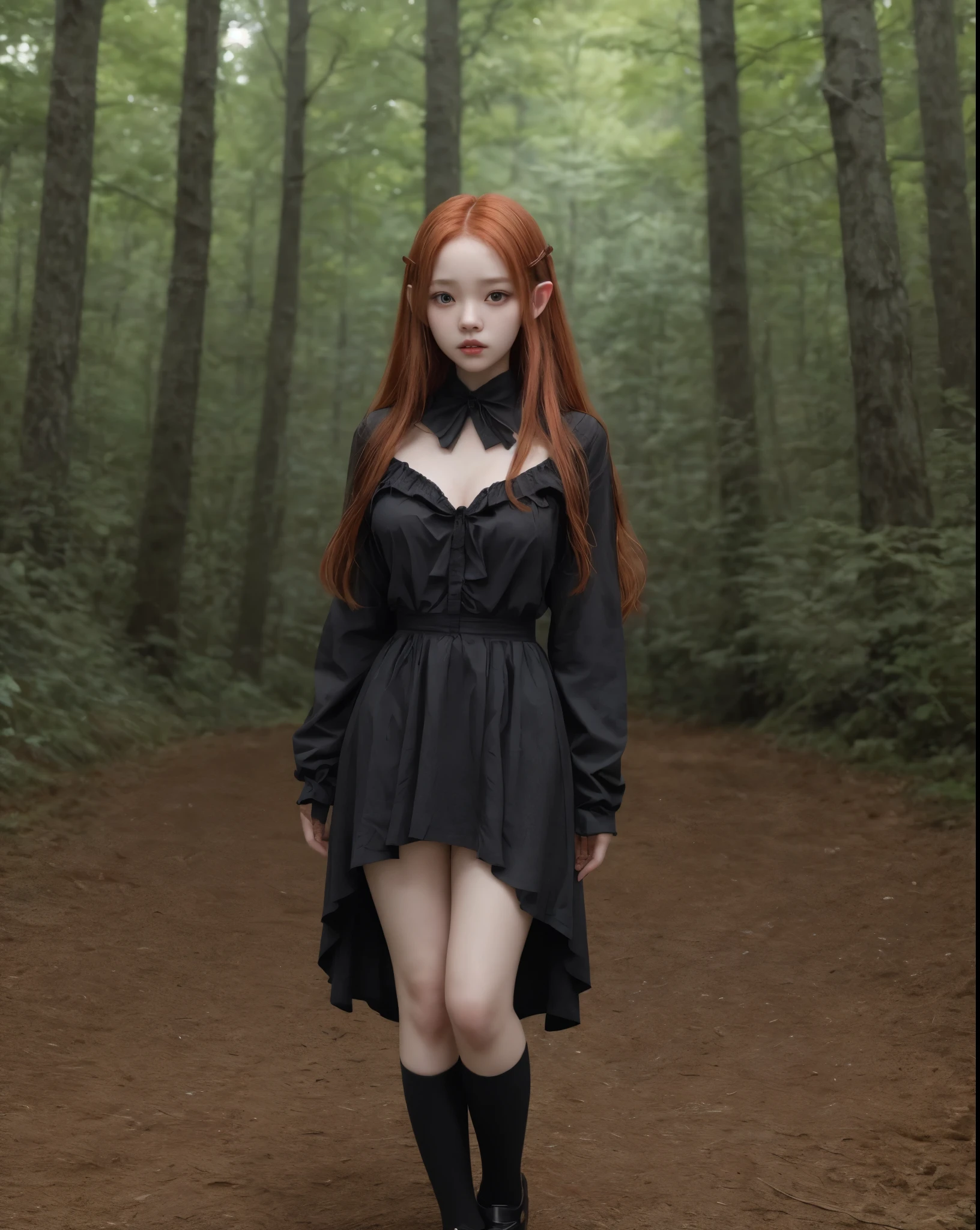 young girl, kim chaewon as a sexy young girl, full body view, fullbody, full body, kim chaewon is a girl, 1girl, forest background, kim chaewon, girl, small breast, figure, long red hair, red eyes, face front, tight black elf clothes, black clothes reveal nudity, emotional face, make up, masterpiece, best quality,