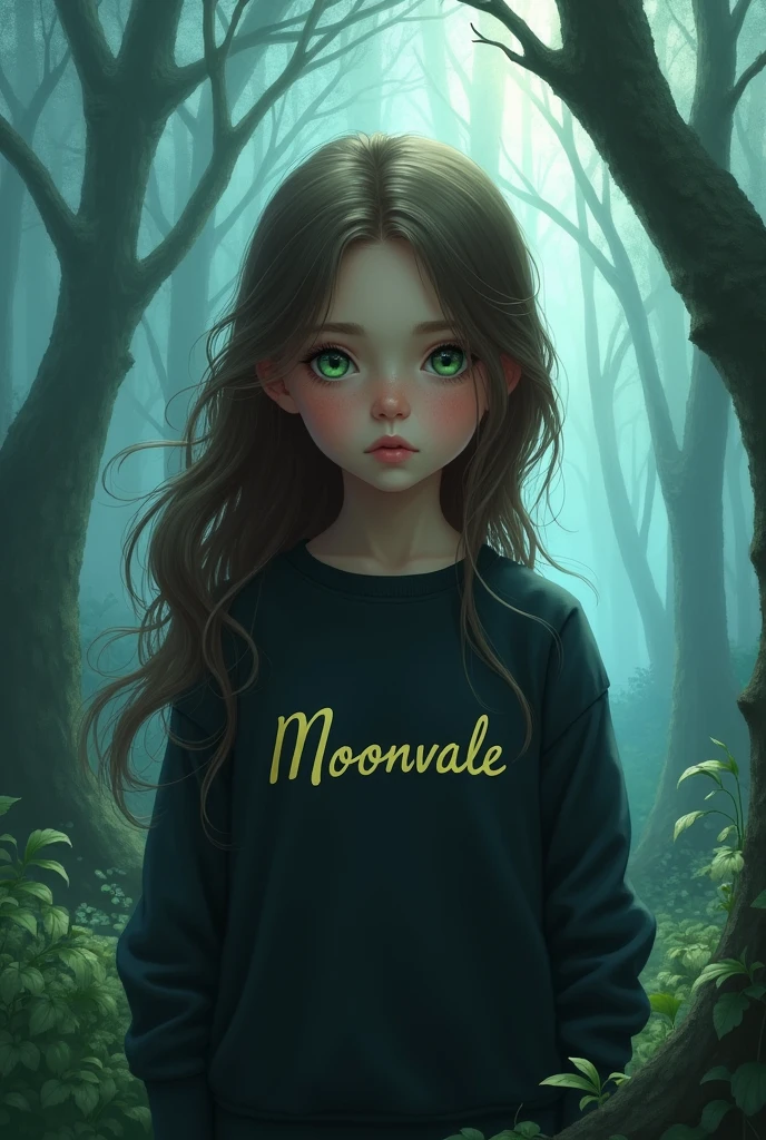 Young white girl with green eyes, brown hair and white skin, dressed in a black sweatshirt. This sweatshirt says "Moonvale" and the girl is in a blue-toned forest