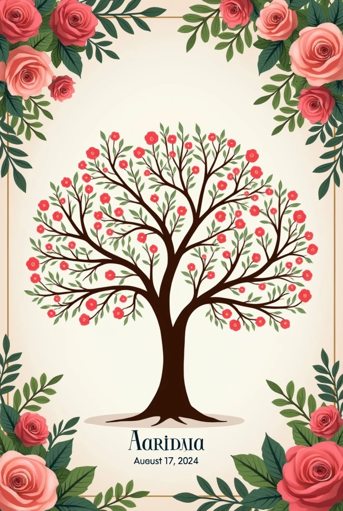 "Please, Create an elegant family tree image for a wedding. The tree should include the names 'Adriana' and 'Giovanni' prominently displayed on the main branches. On the bottom, Add the date 'August 17, 2024'. Decorate the image with flowers and leaves to give it a festive and romantic look.."