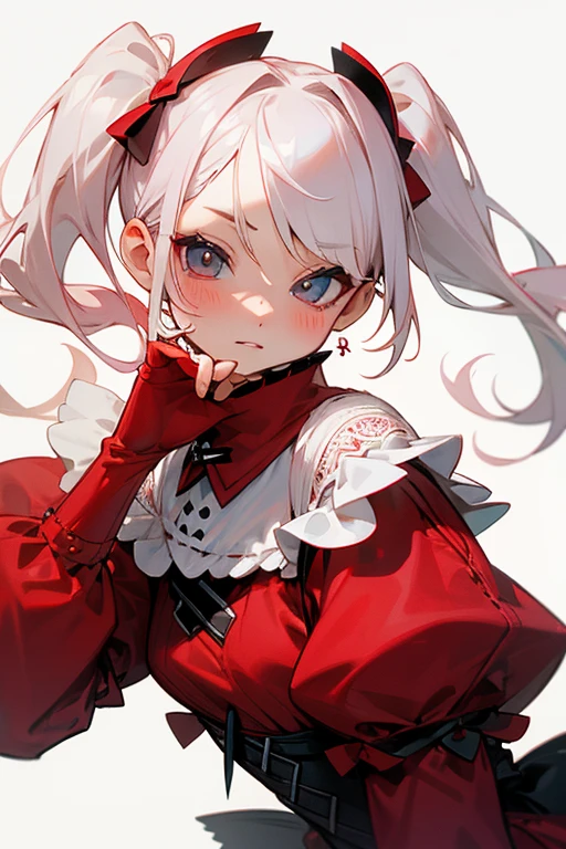 Short white hair, blush, Lace dress、Punk Fashion、Headbang 2.、Red clothes、Twin tails.(Jason Musk).
