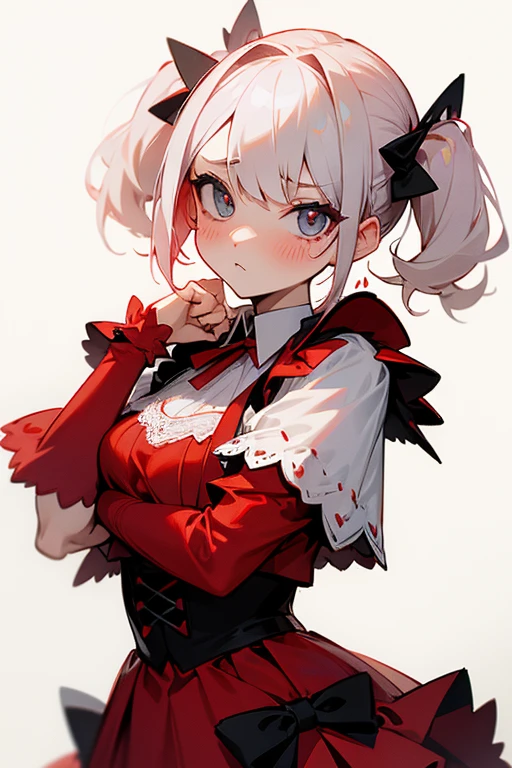 Short white hair, blush, Lace dress、Punk Fashion、Headbang 2.、Red clothes、Twin tails.(Jason Musk).