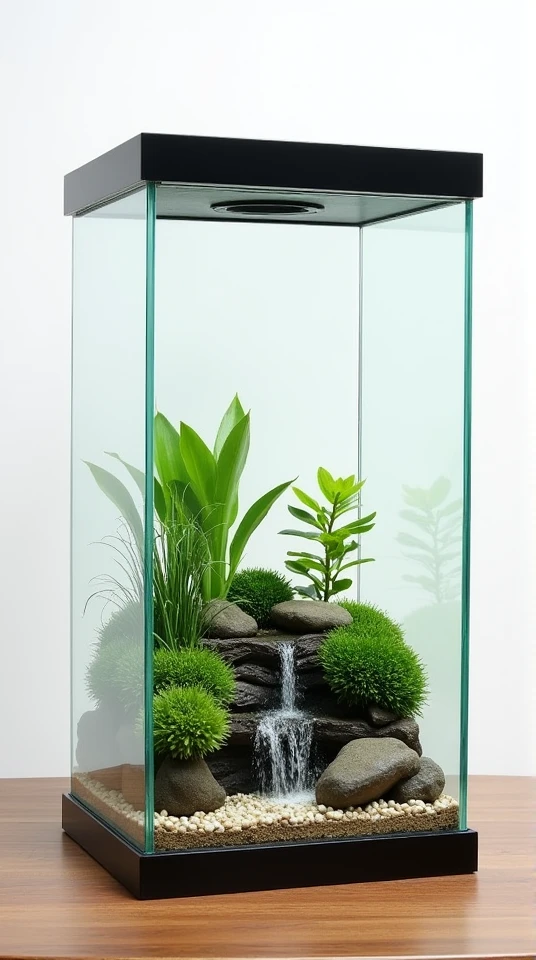 
create a detailed image of a rectangular glass terrarium that is wide, contains a small natural waterfall made of stones, must have a smooth black lid and base, must be on a surface made of wood.

the background must be white