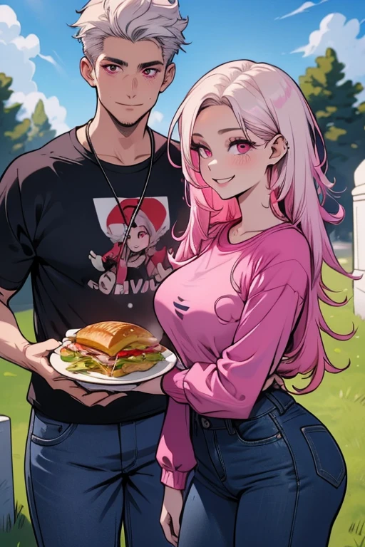 One man. One woman. Perfect faces. Perfect hands. A pink haired woman with violet eyes with an hourglass figure in a summer dress is eating lunch with  a young white haired man with red eyes in a t-shirt and jeans in a cemetery with big smiles
