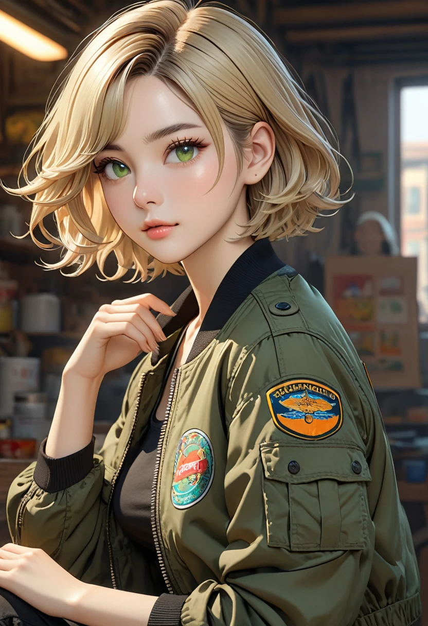 ((best quality)), ((artwork)), ((extremely detailed face)), ((perfect lighting)), ((extremely detailed CG)), ((perfect hands, perfect anatomy)), Sex/Gender= Female
Age= 24
Hair= Blonde, wavy, bob short
Eyes= Green, almonds
Features= Slim build, fair skin, oval shaped face, thin brow, paint under the left eye, button nose
Height= 5′6"
Outfit= Black tactical pants, tight tank top, bomber jacket, combat boots