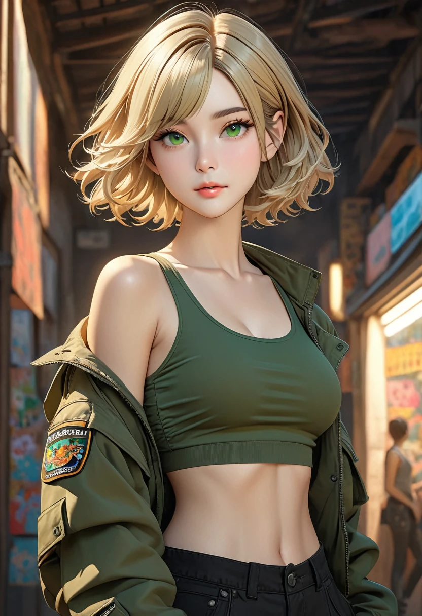 ((masterpiece, Highest quality, Best image quality, High resolution, Realistic, RAW Photos, 8k)), 8k, RAW photo, best quality, masterpiece, realistic, photo-realistic, clear, professional lighting, beautiful face, best quality,ultra high res
BREAK
(full body 1.5),
BREAK
, coquettish , plump breasts,
, big breasts
, - Medium-length blonde hair, slightly messy, with bangs.
- Light skin tone.
- Slim build.
- Wearing glasses with thin frames.
- Olive green jacket with a fur-trimmed hood, slightly open.
- White t-shirt underneath the jacket.
- Short maroon shorts.
- Black thigh-high boots.
- Standing pose with the right hand slightly raised and the left arm relaxed by the side.
- Casual and stylish appearance.