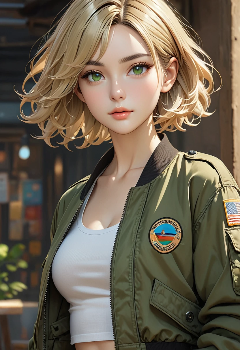 ((best quality)), ((artwork)), ((extremely detailed face)), ((perfect lighting)), ((extremely detailed CG)), ((perfect hands, perfect anatomy)), Sex/Gender= Female
Age= 24
Hair= Blonde, wavy, bob short
Eyes= Green, almonds
Features= Slim build, fair skin, oval shaped face, thin brow, paint under the left eye, button nose
Height= 5′6"
Outfit= Black tactical pants, tight tank top, bomber jacket, combat boots