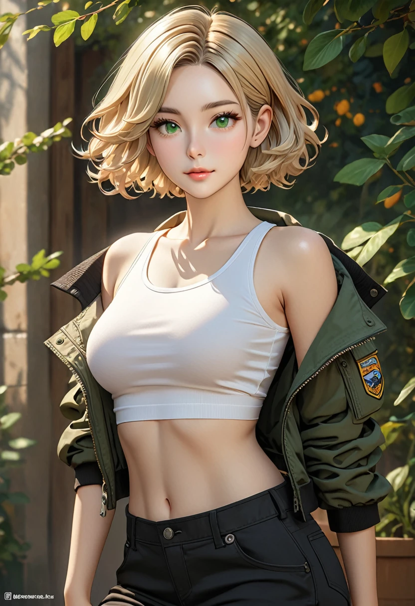((best quality)), ((artwork)), ((extremely detailed face)), ((perfect lighting)), ((extremely detailed CG)), ((perfect hands, perfect anatomy)), Sex/Gender= Female
Age= 24
Hair= Blonde, wavy, bob short
Eyes= Green, almonds
Features= Slim build, fair skin, oval shaped face, thin brow, paint under the left eye, button nose
Height= 5′6"
Outfit= Black tactical pants, tight tank top, bomber jacket, combat boots
