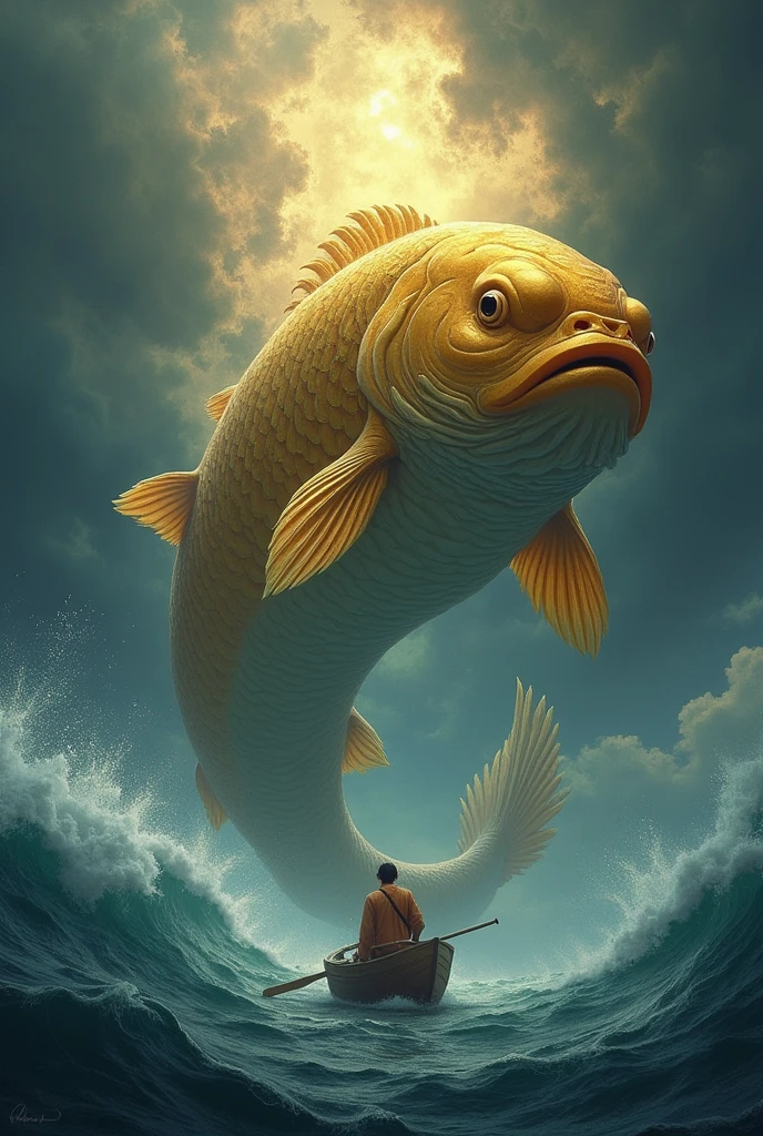 Matsya Avatar of Vishnu: Imagine Vishnu as a large, majestic fish, with divine features like golden scales that shimmer in the water. He has a peaceful, yet powerful presence, guiding a small boat carrying a sage through turbulent waters. The background shows an ocean in turmoil, with dark clouds above, symbolizing the cosmic deluge.