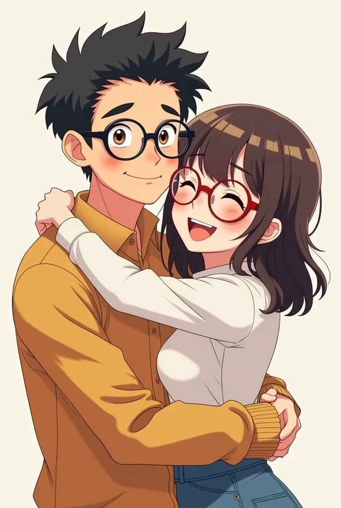 I want an anime couple with a man with a full mouth and thick eyebrows wearing round Pantos glasses and a girl with bangs wearing round glasses both smiling and hugging each other