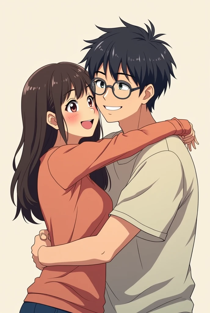 I want an anime couple with a man with a full mouth and thick eyebrows wearing round Pantos glasses and a girl with bangs wearing round glasses both smiling and hugging each other