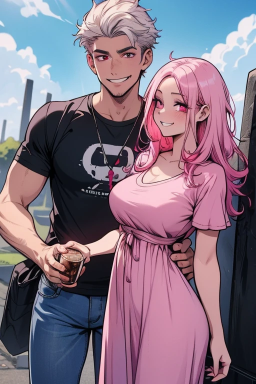 One man. One woman. Perfect faces. Perfect hands. A pink haired woman with violet eyes with an hourglass figure in a summer dress is eating lunch with a young white haired man with red eyes in a t-shirt and jeans in a cemetery with big smiles