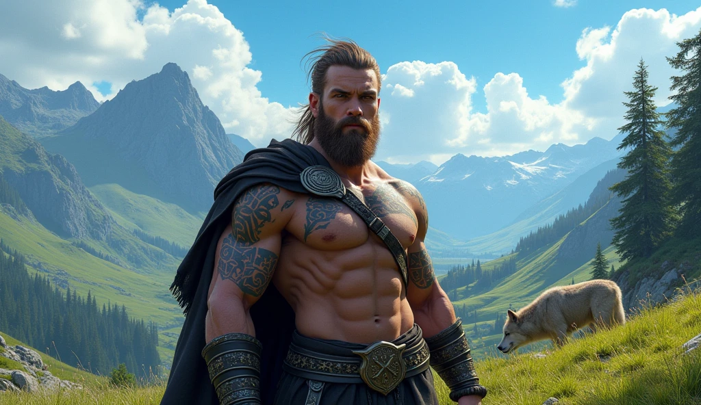 the best quality, very high resolution, detailed 4K CG, Masterpiece artwork, augur, Nordic Deuses, handsome man plus a wolf, rune tattoos, viking, Celtic mountains, blue sky, Norse mythology, viking rune tattoo, beautiful aesthetic, Beautiful picture, There are beautiful mountains with green grass in the back