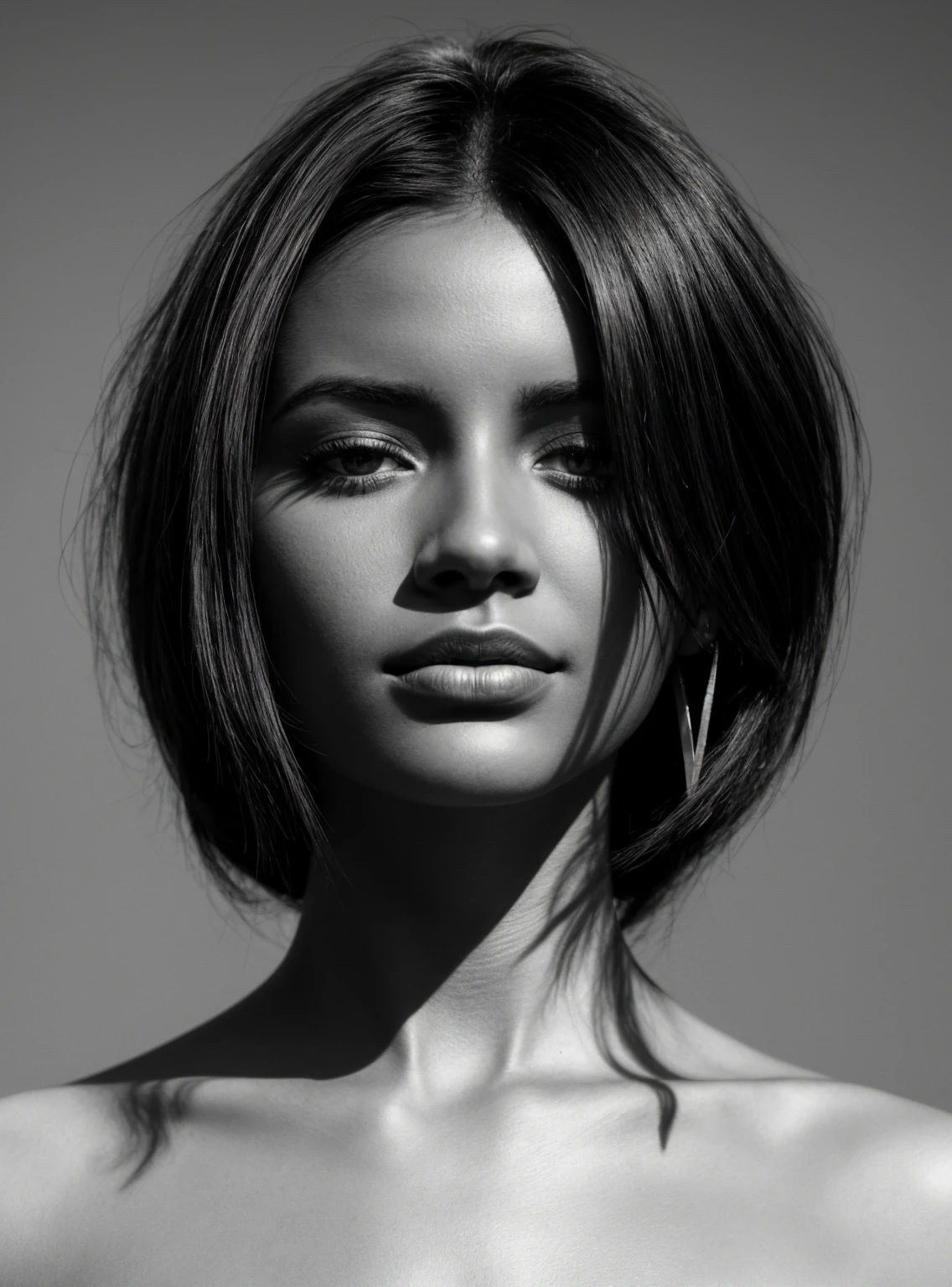 a black and white photo of a woman with shadow., in the style of minimalist beauty, light bronze and bronze, serene faces, sharp edges, karencore, high definition, contrast shading, realism --ar 3:5 --stylize 750 --v 6.0 --style raw
