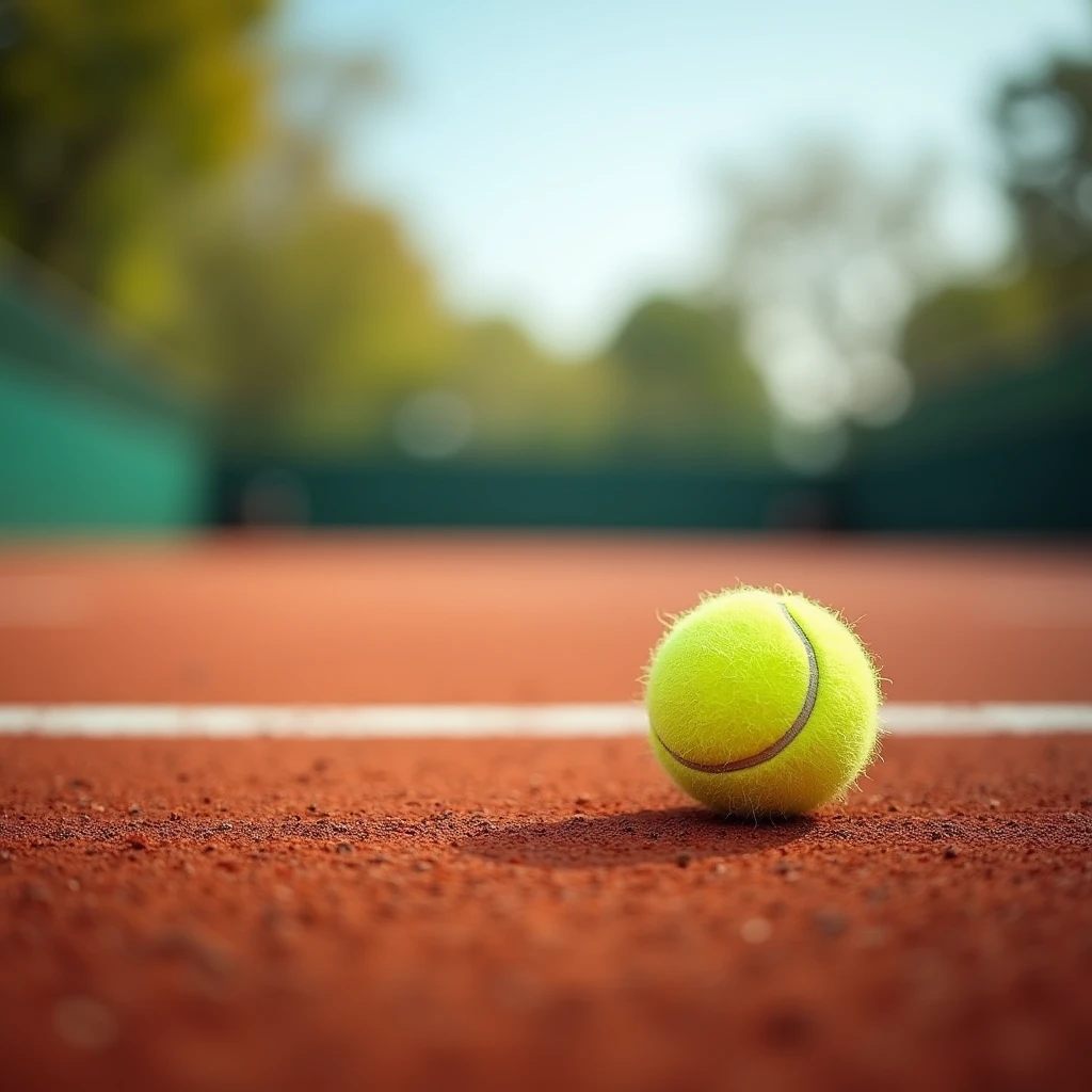 tennis court, clay, view from the ground, strong colors, blurred image background