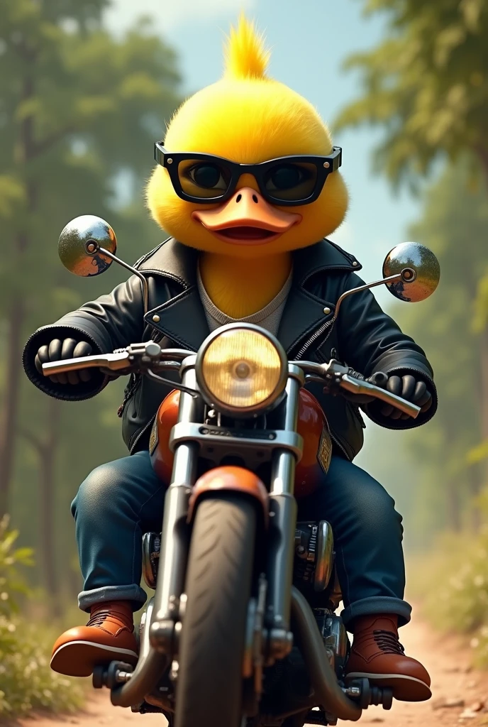 animal bad yellow duck , with black glasses and leather jacket, mounted on a Harley motorcycle with a landscape of trees with the doll facing forward