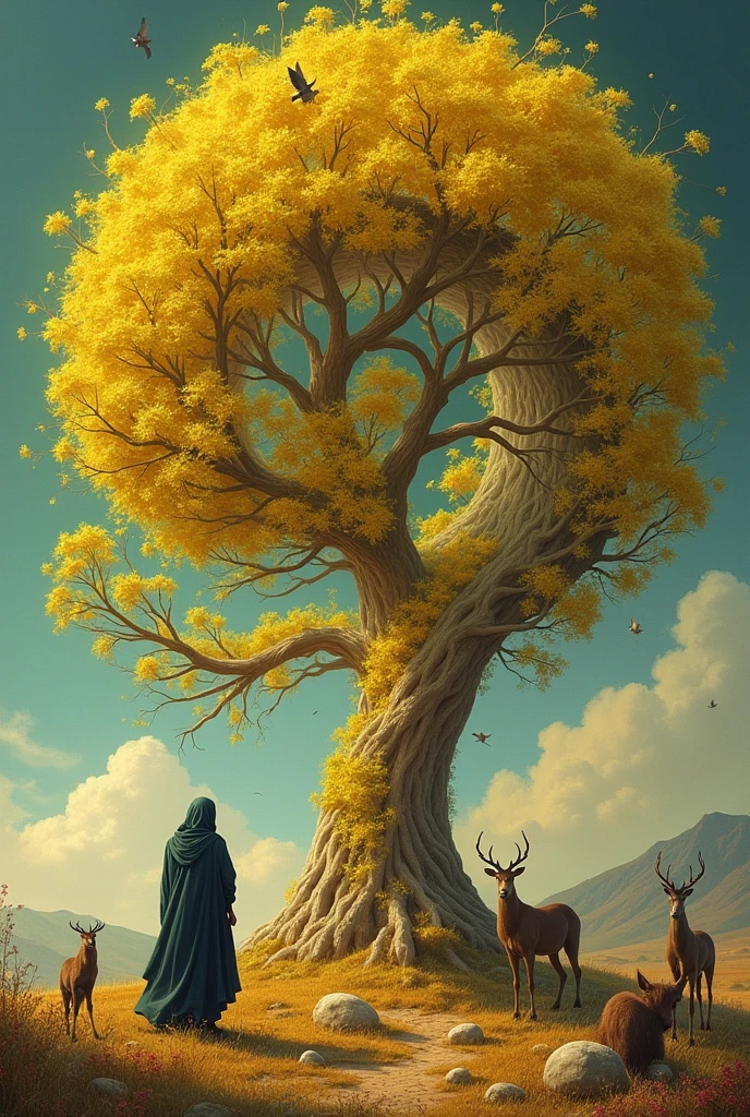 YELLOW SPIRAL-SHAPED TREE WITH BEAUTIFUL BRANCHES AND NESTS OF BEAUTIFUL BIRDS, IN HIS SHADOW THE BEASTS OF THE FIELD AND A MAN SHEPHERDING IN A HOOD AND ARABIC CLOTHES WITH A BIT OF EASTERN MYSTICISM AND GREEK MYTHOLOGIES
