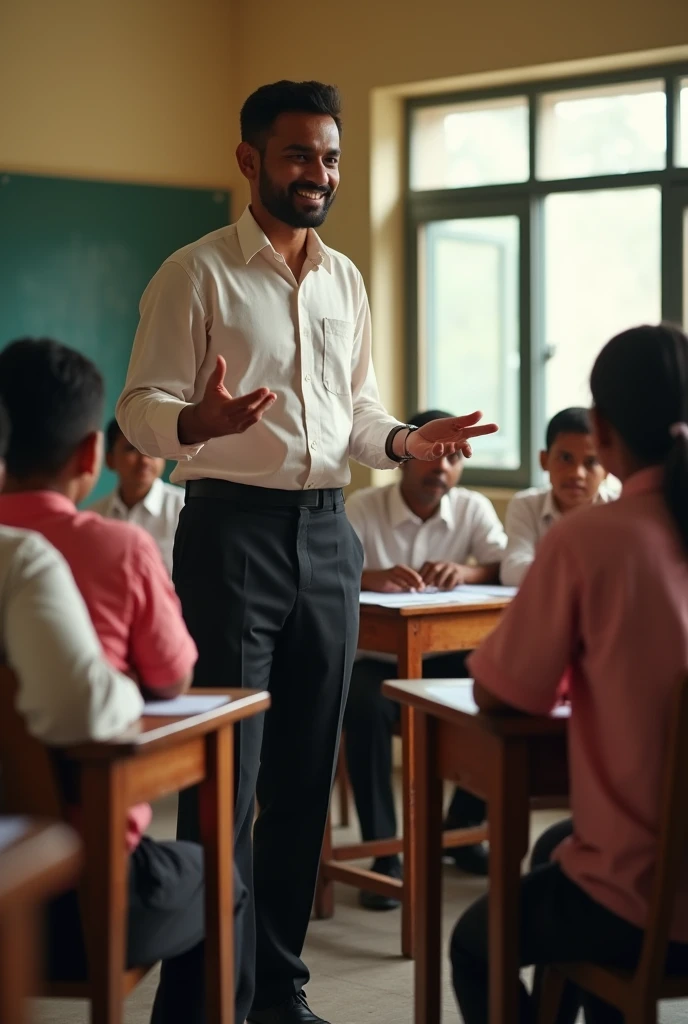 A male Indian school teacher teaching practical seating wear black pants similar teacher in another poses