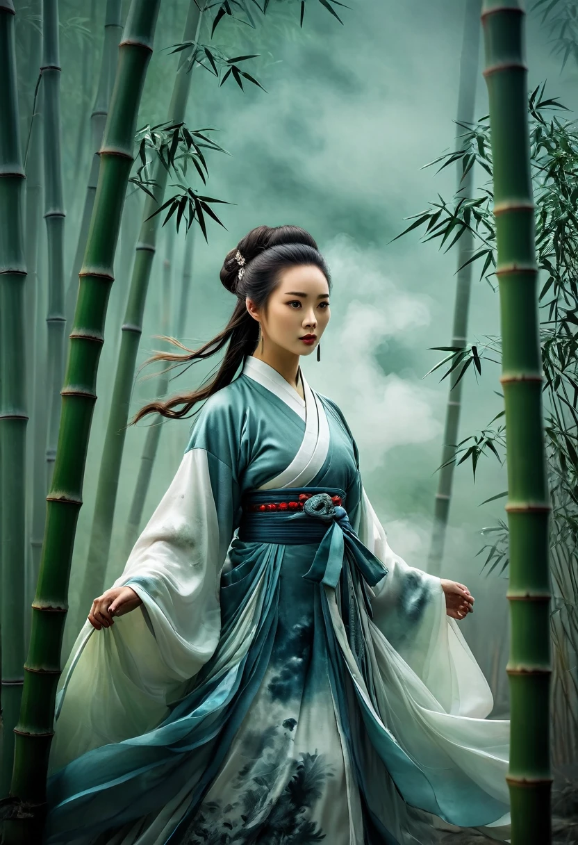 A woman in Hanfu stands among the bamboo groves, an epic fantasy scene with dark clouds in the sky and smoke effects, in the style of a Chinese ink painting depicting the martial arts world with cloud mist effects, like movie footage