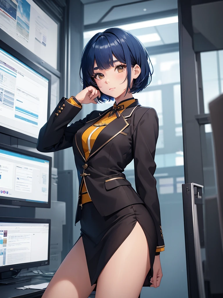 (Xiangling), 1girl, wearing a office suit, black tight skirt, at an office , (dark blue colour short hair),(Xiangling's hair style) 8k, high detailed, high quality