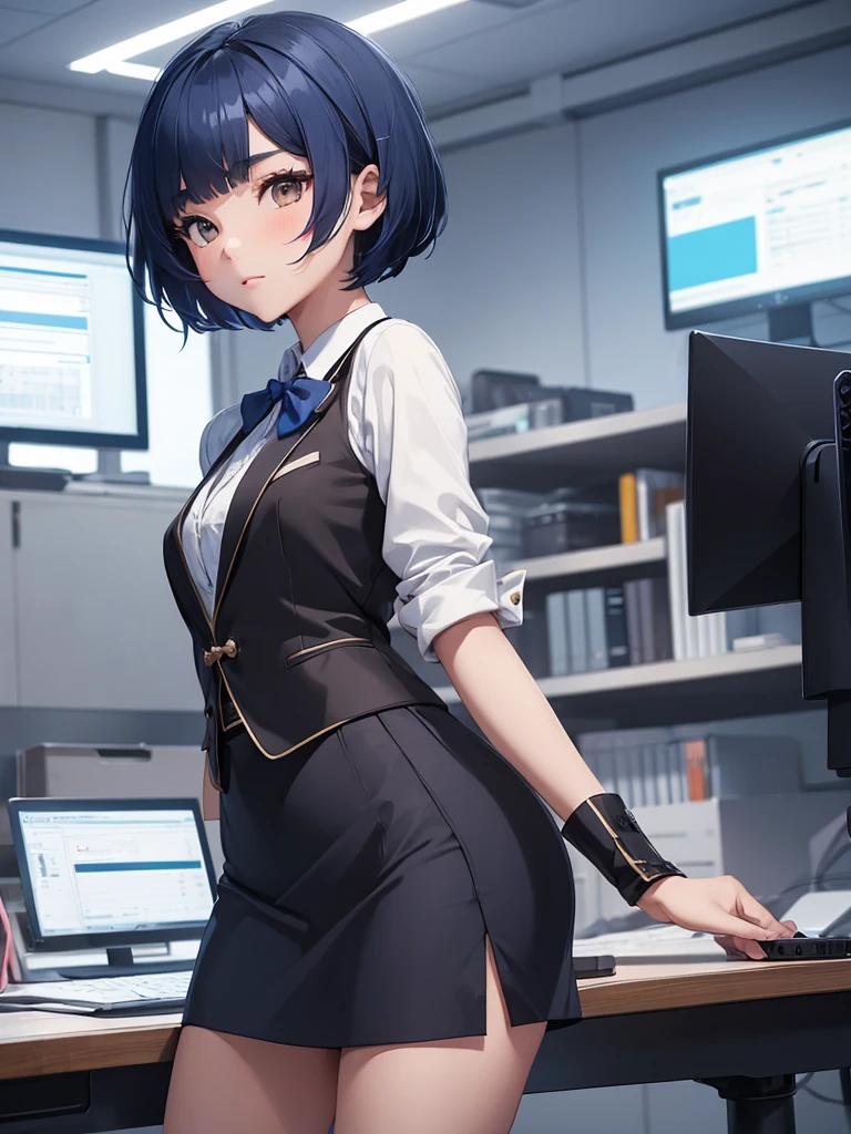 (Xiangling), 1girl, wearing a office suit, black tight skirt, at an office , (dark blue colour short hair),(Xiangling's hair style) 8k, high detailed, high quality