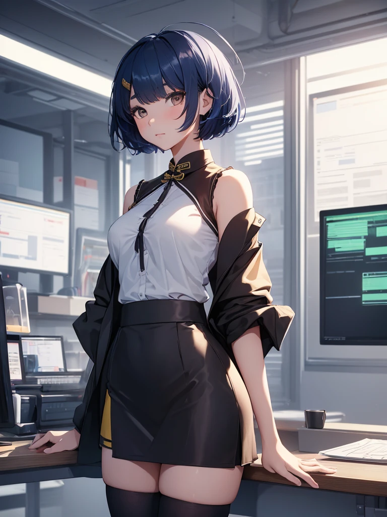 (Xiangling), 1girl, wearing a office suit, black tight skirt, at an office , (dark blue colour short hair),(Xiangling's hair style) 8k, high detailed, high quality