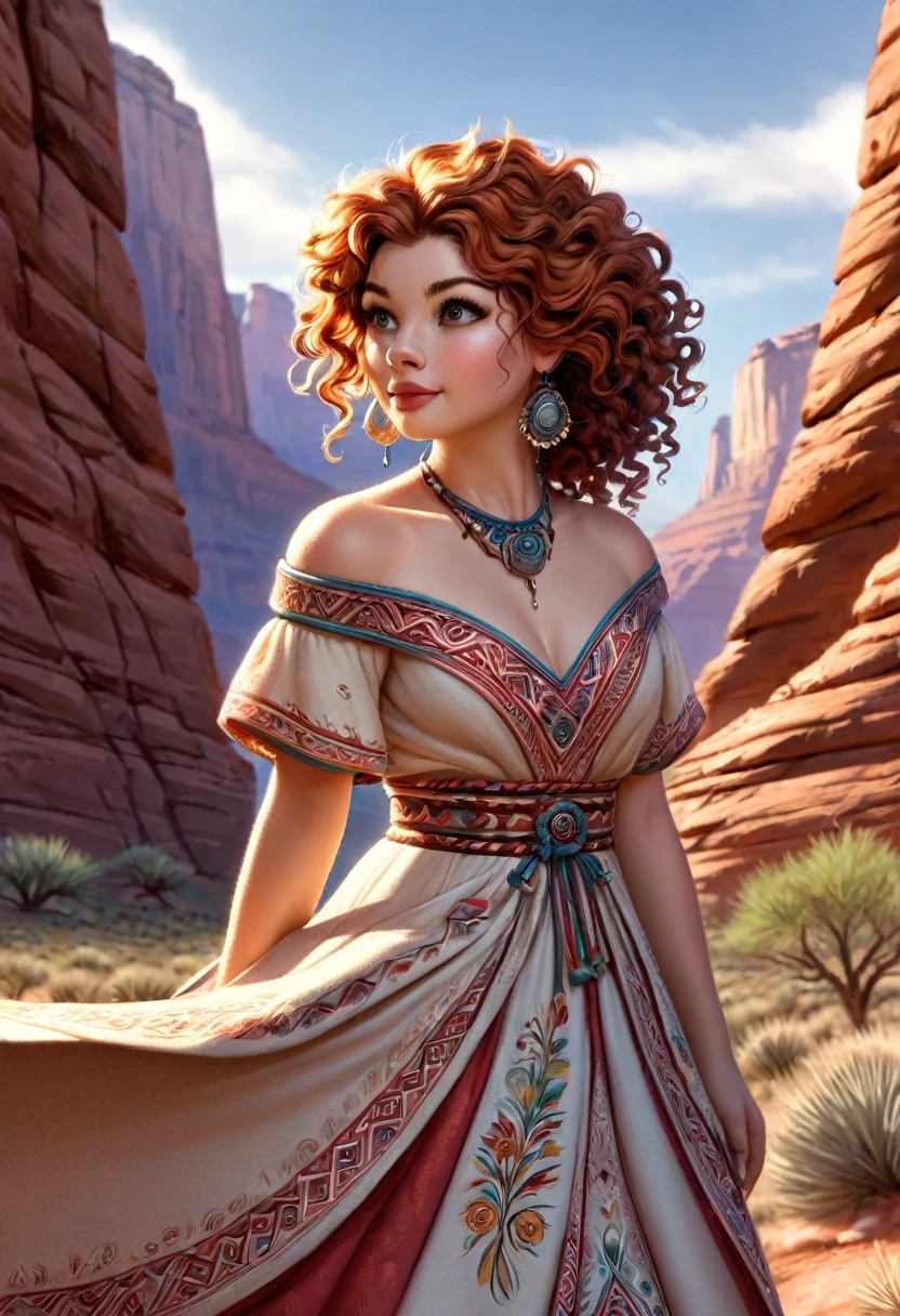 A colored pencil sketch of A beautiful woman with the appearance of Masiela Lusha, with hair that is coarse, wiry, and tightly curled. It often has a rough texture, feels stiff to the touch, and may be prone to frizz and tangling. curls can be densely packed.  Long southwestern style dress, hoop earing and jewelry. Skirts billowing in breeze. The Official Art – An Award-Winning Digital Masterpiece In 4K Ultra HD, Extreme Detail And Intricate Realism. This Concept Art Brought To Life By The Hands Of Artists Like Wlop & Artgerm In A Stunning 2D Vector Illustration. . LArge, perky, voluptuous, cleavage full, well shaped pleasing breasts. Background is a panoramic vista of redrock canyon. Looking at viewer with love.