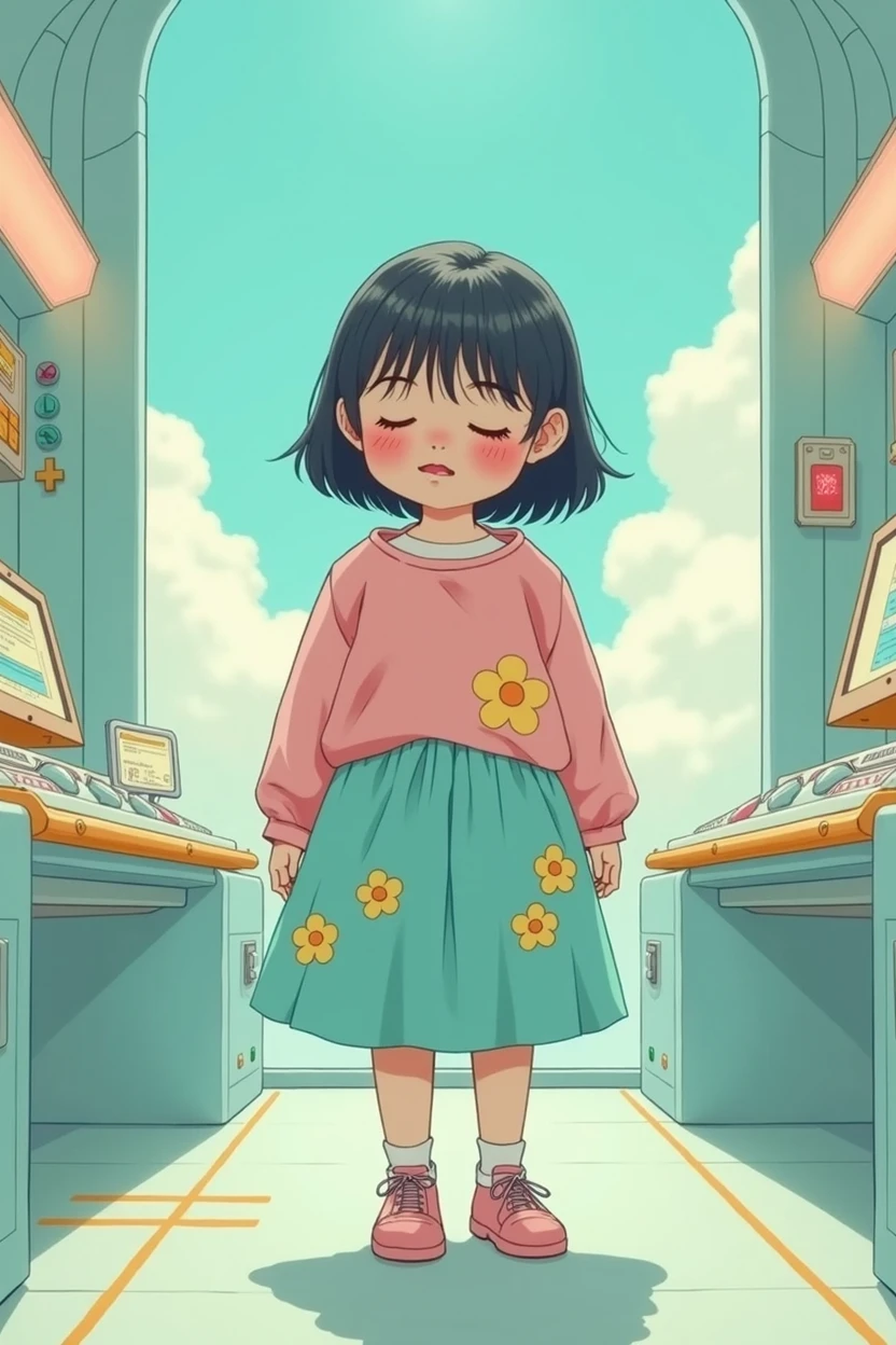 An emotion of a chubby, alone, funnily girl in a pastel pink shirt and a pastel turquoise skirt with pastel yellow flower details inside the funnily control room