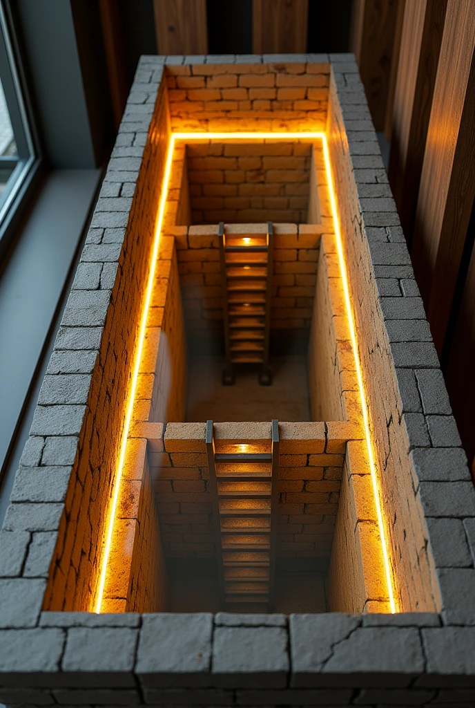 A rectangular table designed to look like a deep well, thanks to its reflective glass top that creates a stunning visual effect resembling an endless tunnel.. The well features walls covered in a prominent grey brick look, illuminated from within by warm yellow LED lighting.. Inside the well, there are modern decorations including a modern-looking ladder, giving the table a sense of luxury and innovation.. The table is mounted on a sturdy wooden base, which enhances its stability and beauty.