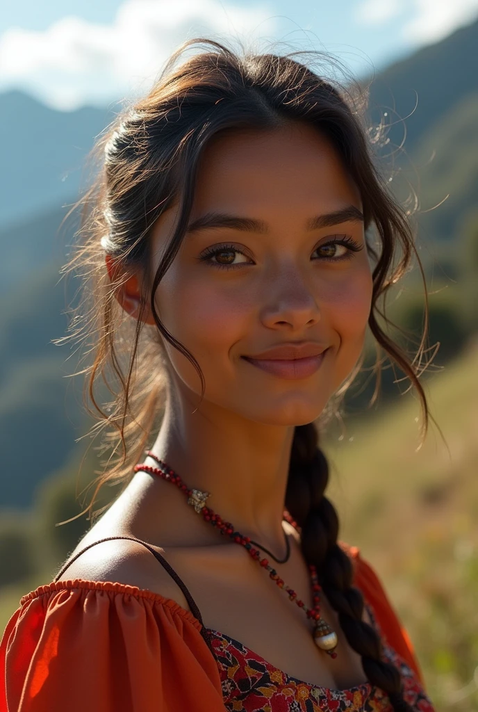 (masterpiece, top quality, Best Quality, beautiful and aesthetic:1.2), extremely detailed, Photo of a woman, agricultural dress, Mountain vacation in Quito Ecuador, happy, sunlight, 34 years, perfect body, perfect weird face, (Very detailed dark skin), very small and natural , dark brown hair, skin texture, Sharp focus on strange face, perfect brown eyes, (photorealistic), film grain, name Karen,