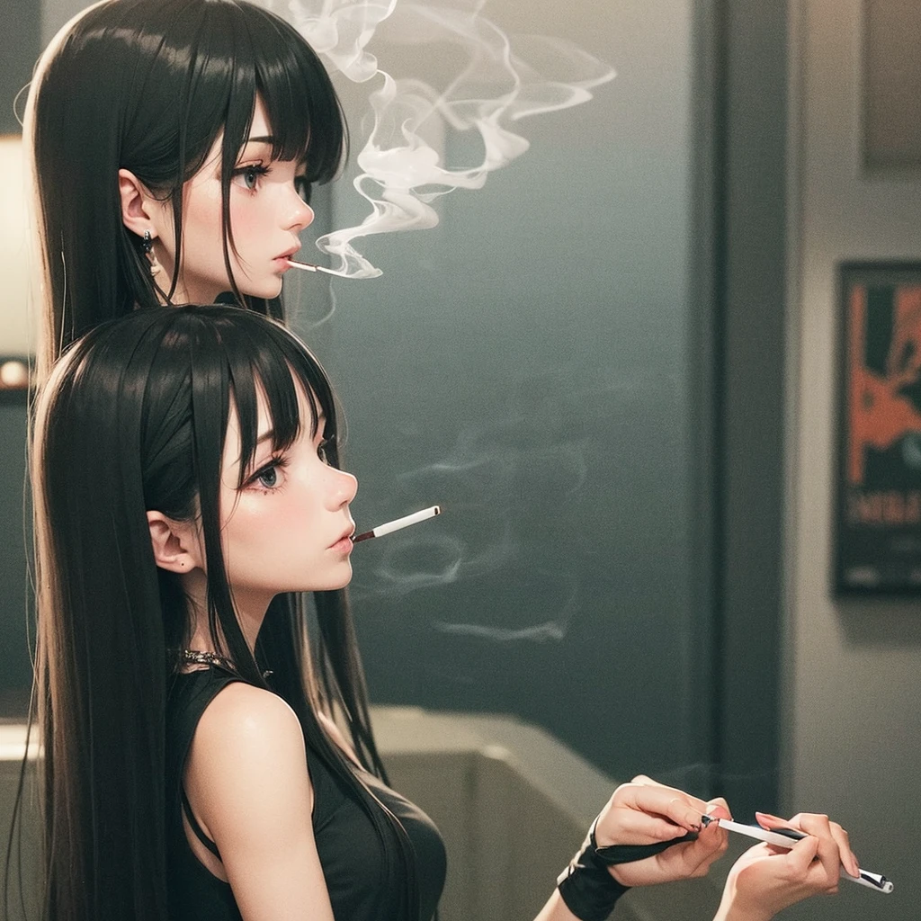 A woman holding a cigarette is gazing into the distance, Black Hair, Long Hair, The tip of the cigarette is red and smoking, Late at night, I'm leaning my elbows on the balcony and looking at the stars, Wearing a tight black T-shirt and jeans, barefoot, I can see that the light in the room is leaking out a little., Unusual face, Handsome, sideshot, 30 years old,