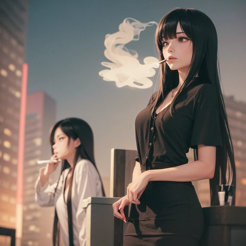 A woman holding a cigarette is gazing into the distance, Black Hair, Long Hair, The tip of the cigarette is red and smoking, Late at night, I&#39;m leaning my elbows on the balcony and looking at the stars, Wearing a tight black T-shirt and jeans, barefoot, I can see that the light in the room is leaking out a little., Unusual face, Handsome, sideshot, 30 years old, 