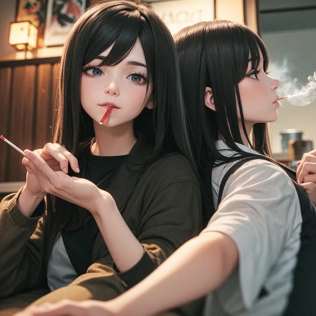 A woman holding a cigarette is gazing into the distance, Black Hair, Long Hair, The tip of the cigarette is red and smoking, Late at night, I&#39;m leaning my elbows on the balcony and looking at the stars, Wearing a tight black T-shirt and jeans, barefoot, I can see that the light in the room is leaking out a little., Unusual face, Handsome, sideshot, 30 years old, 