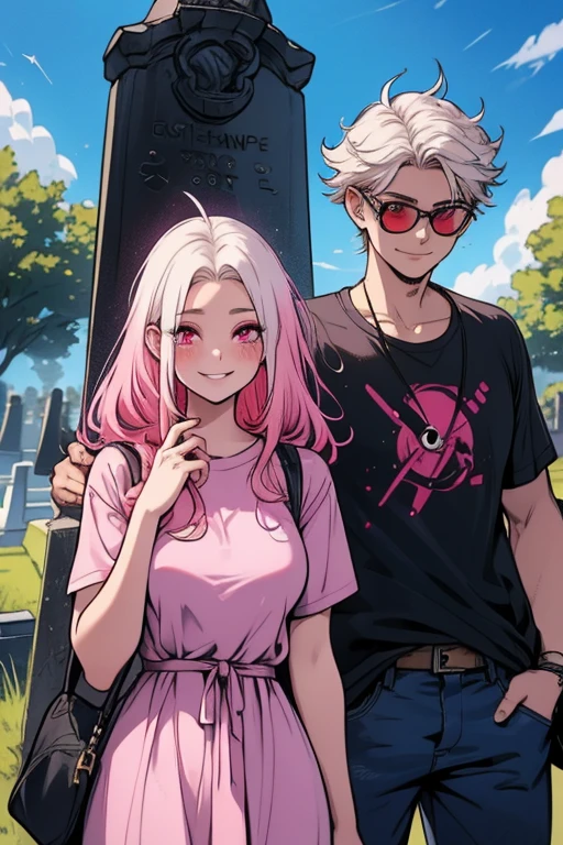One man. One woman. Perfect faces. Perfect hands. A pink haired woman with violet eyes with an hourglass figure in a summer dress is eating lunch with a young white haired man with red eyes in a t-shirt and jeans in a cemetery with big smiles