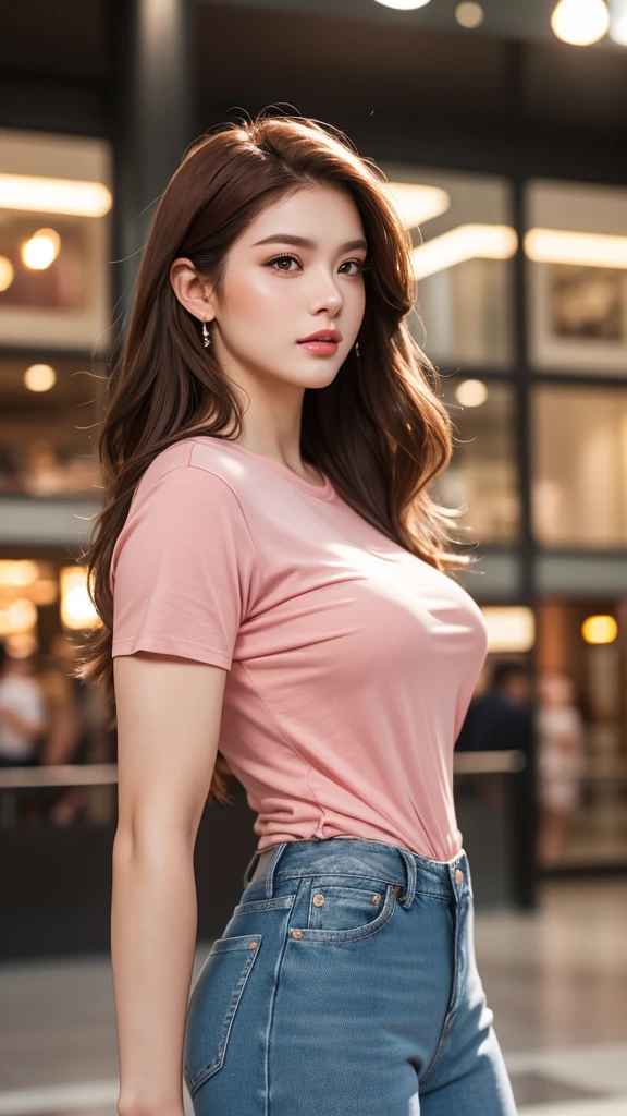 a muscular big bodybuilder woman, detailed face, beautiful pink lips, long reddish brown hair, wearing plain t-shirt and jeans, posing in mall, bokeh background, high quality, ultra-detailed, photorealistic
