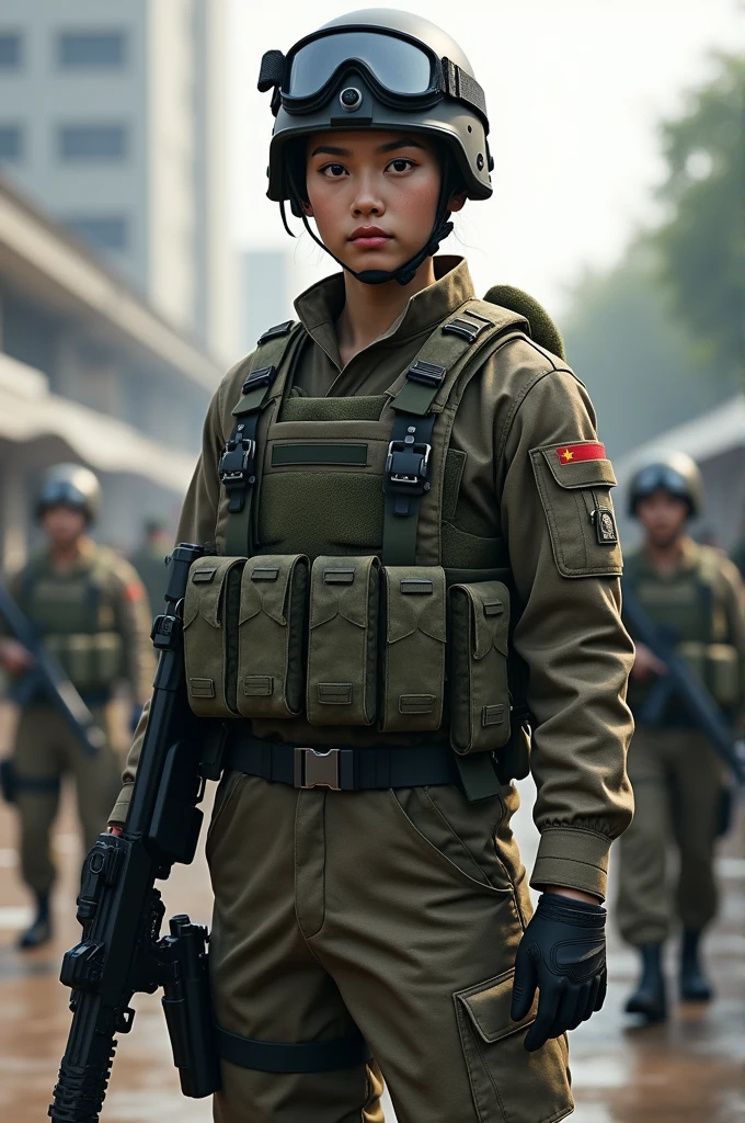 Create an image of a contemporary Vietnamese soldier, standing confidently with a clear view of their face. The soldier should be in a modern military uniform, which includes a camouflage pattern suited for current environments. Equip them with standard modern gear such as a helmet, tactical vest, and appropriate weaponry. The background can be a military base or urban environment to reflect a current setting. Ensure the face is well-defined and expressive, showcasing a strong, determined demeanor."