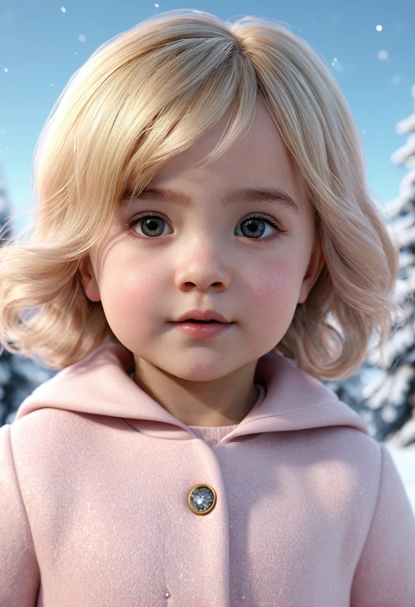Toddler girl, cute, blush pink in the face,winter skin, hair blonde, small hair, , small feet, small legs, small arms, eyes black, realist, cgi, ultra resolução 24k, toddler girl old idade 10 anos, ultra realista, unreal Engine, drees winter cute, toddler girl in Marry cristhmas