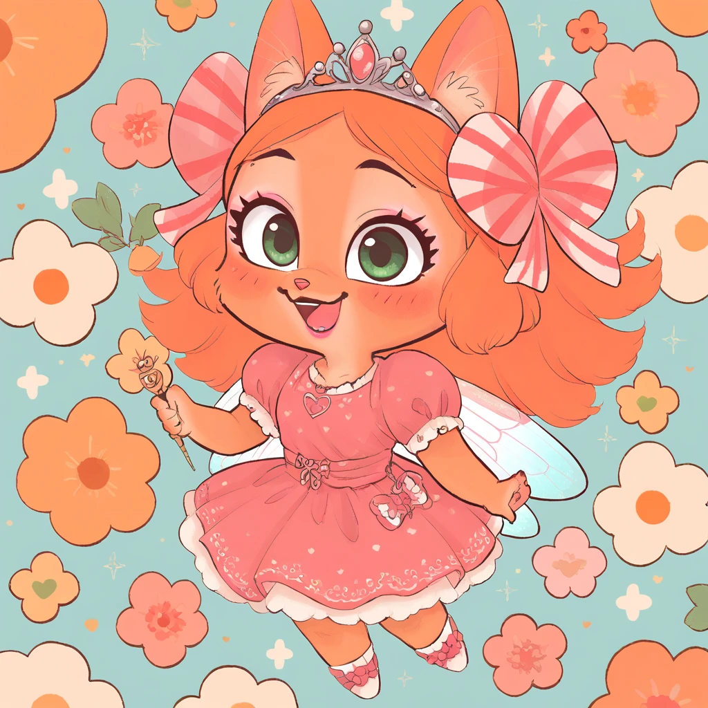 little fox, kid girl fox, little kid, ginger fur, long hair, ginger hair, dusty-pink nose, fox tail, fox ears, face similar of Diane Foxington, kid, , cute, princess dress, princess cookie dress, pink dress, tiara, fairy wings, princess, chibi, alone, ginger hair, tied hair with pink hair tie, pink makeup, pink lipstick, smile, blush, cartoon, toon, chibi, cute girl, cub bedroom, pink bedroom, kid backroom, toys