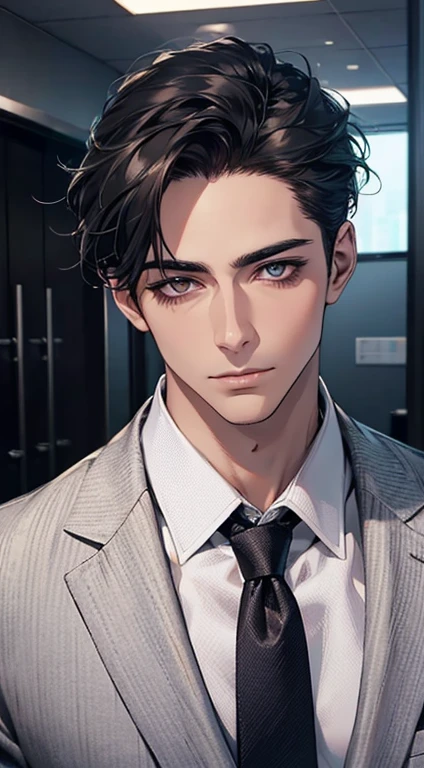 (Highest quality,4K,8K,High resolution,masterpiece:1.2),Super detailed,(Realistic,photoRealistic,photo-Realistic:1.37),1 person,35 years old,Mature Men,Beautiful skin、very handsome,Expressionless,Short gray Black hair,rubi eyes,Sharp Eyes,A perfect face without a doubt,Businessman, CEO, Office Background,Cinema Lighting,HDR image,tie、